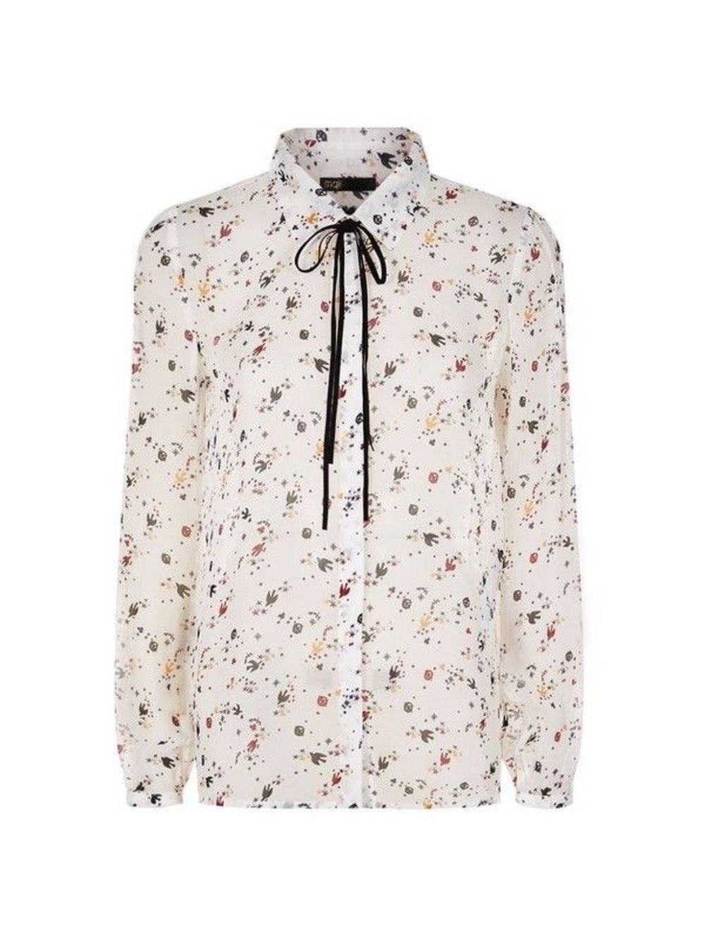 Maje White Floral Button-Down Blouse with Black Tie